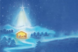 Capanna di natale con sfondo blu